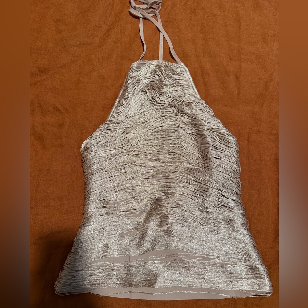 Satin Fringe Halter Crop Top in Taupe